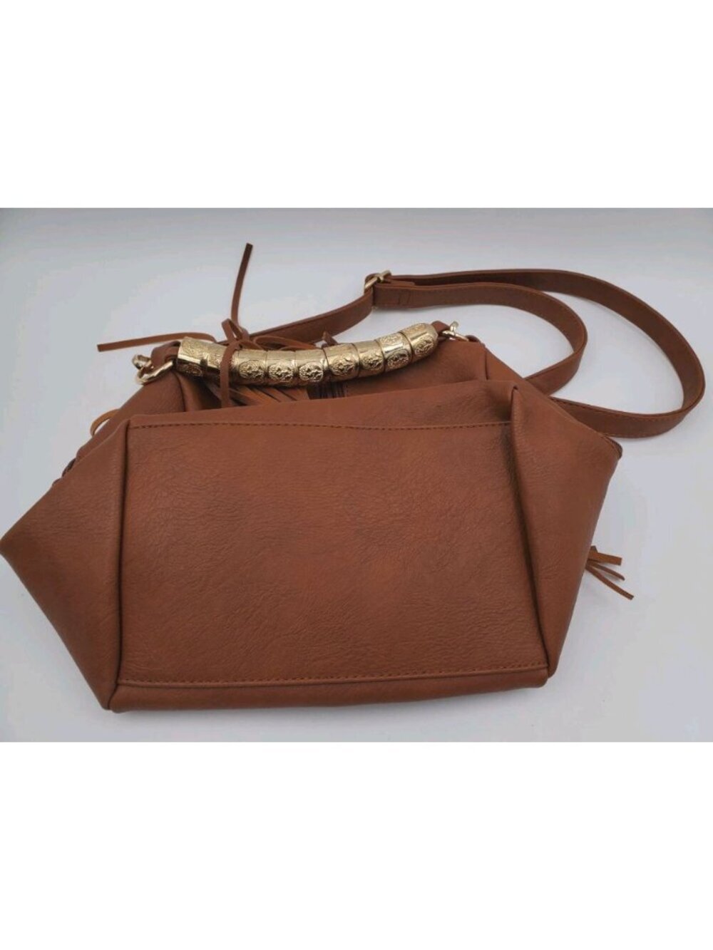 Brown Faux Leather Fringe Gold Bead Handle w/strap Boho Funky! - Picture 6 of 6